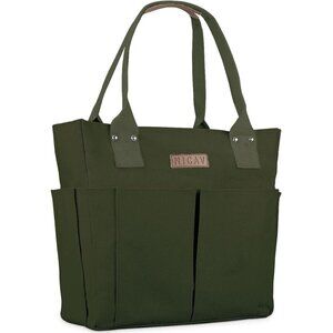 Women Green Lattice Premium Large Utility Canvas Tote Bags with Pockets Zip Top